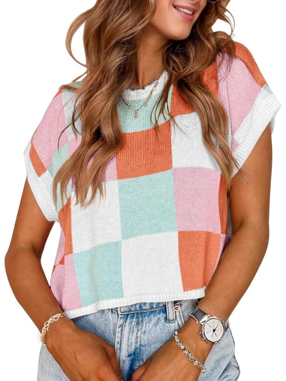 Chic Women's Fall Crop Top - Loose Fit Cap Sleeve Pullover Sweater in A-Pink